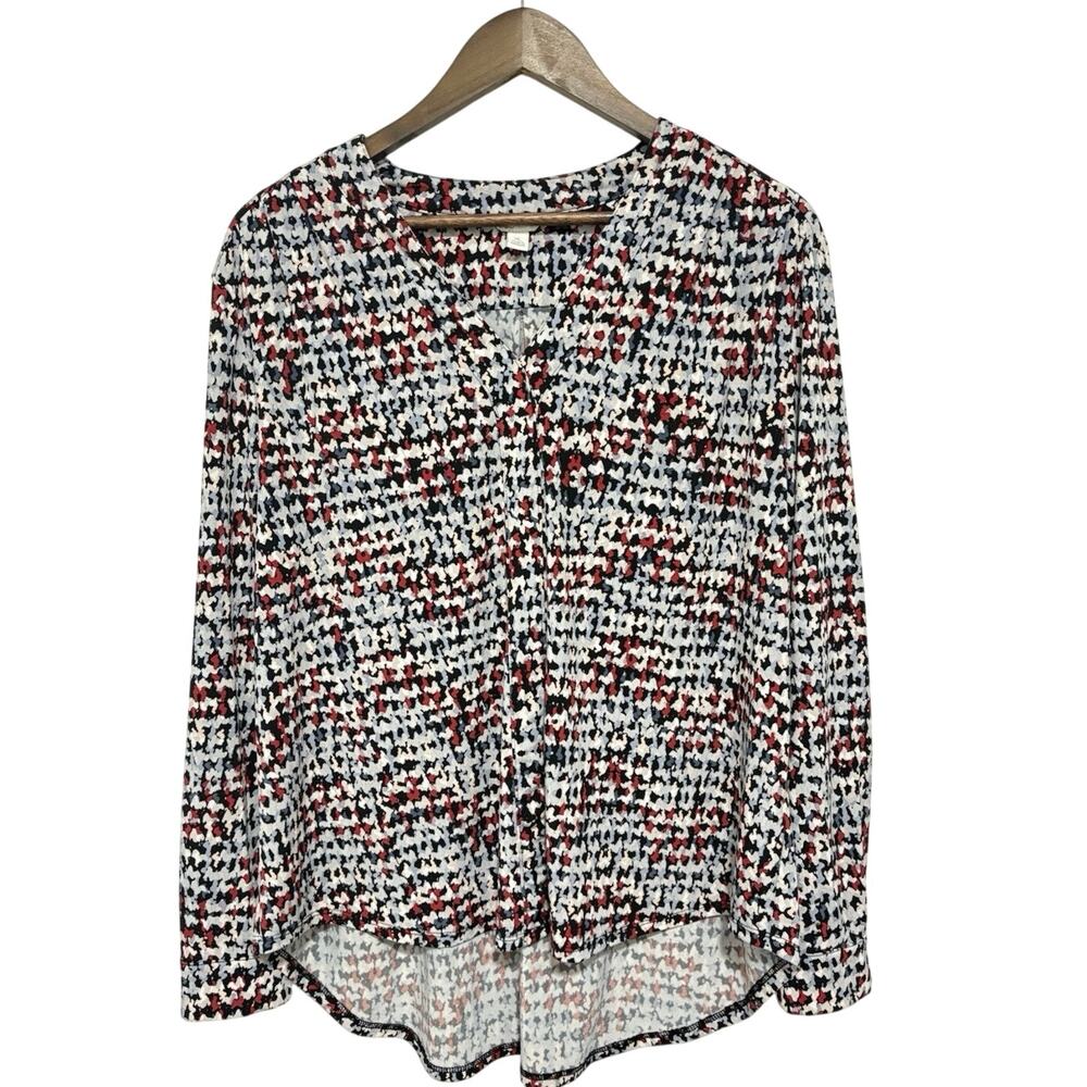 Cato Blouse Women XL Red Navy Houndstooth Print V Neck High Low Long Sleeve
